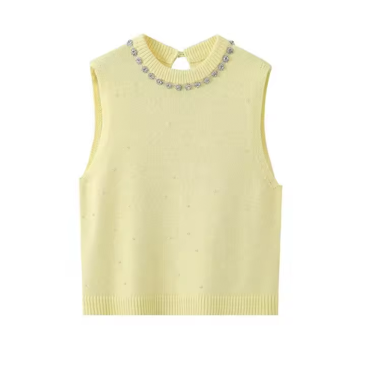 OUWU- 2025 Chaleco de Mujer Camiseta sin Mangas Retro Decoración Camis de Punto Top Corto de Punto Peral de Verano - 1