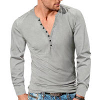 Camiseta de manga larga para hombre, camisa Vintage con botones y cuello en V, ajustada, color sólido, para las cuatro estaciones, novedad - details 0