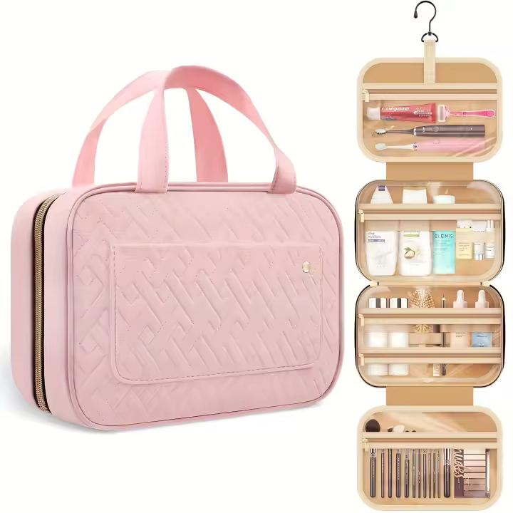 Bolsa de aseo portátil para mujer con gancho, organizador de cosméticos de viaje plegable, bolsa de maquillaje sin perfume - 1
