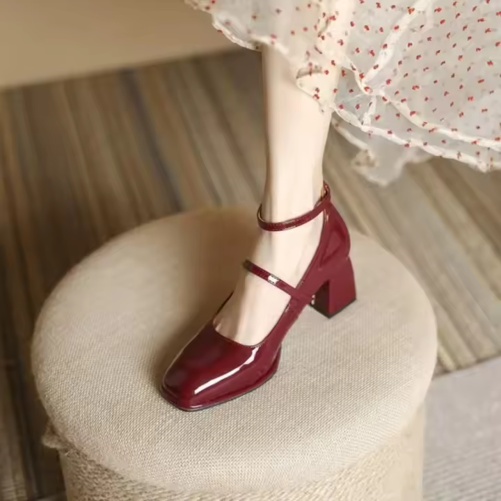 Zapatos Mary Jane de Cuero de Alta Calidad Sandalias de Tacón Bajo con Punta Cuadrada para Mujer - 1