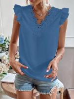 Camiseta elegante a la moda para mujer, camisa informal tejida con encaje plisado de retales de manga corta con cuello en V pequeño para mujer - details 12
