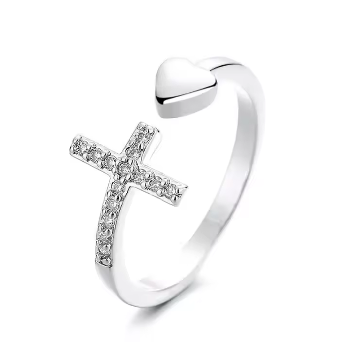 Anillo de plata de ley con cruz, corazón y circonita, abierto, para mujer, joyería de boda y compromiso - 1