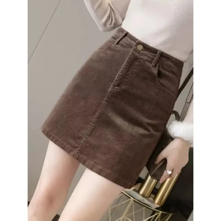 Falda media falda de pana de Color caramelo para mujer Otoño Invierno cintura alta adelgazante falda en forma de A Material de algodón longitud corta - 1