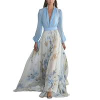 2025 Nueva ropa de mujer, vestido largo estampado con cuello con cuentas, azul - details 1