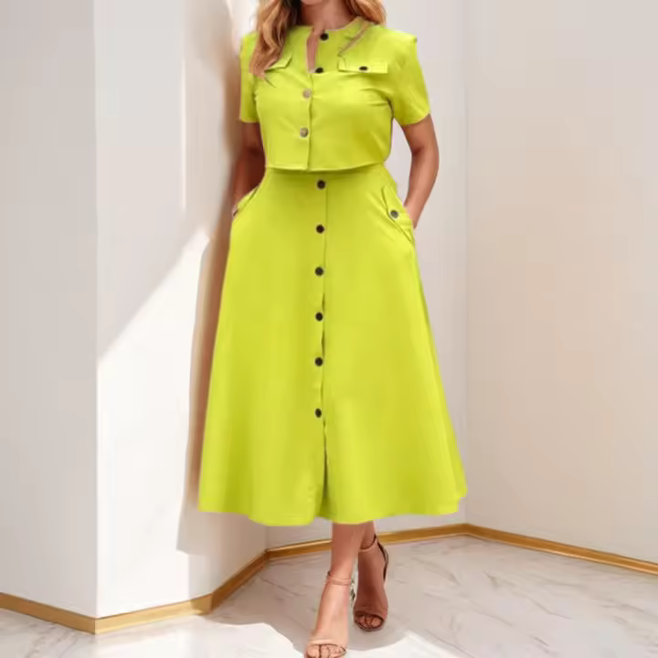 Conjunto de moda de primavera para mujer, elegante, de color sólido, informal, top corto y falda de botonadura sencilla - 1