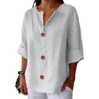 Camiseta de verano "Mujer 2025 con cuello en V, lino y algodón, holgada y transpirable, estilo boho-chic - Moda informal y elegante" "Mujer con cuello en V, algodón, transpirable, - Moda" - details 36