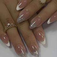 24 piezas de diseño dorado en forma de almendra francesa, uñas ovaladas simples, uñas postizas completamente cubiertas - details 20