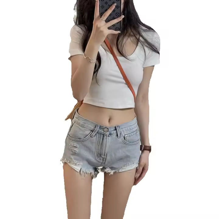 Pantalones cortos de mezclilla de talle alto con cremallera rasgada índigo mediano para mujer - 1