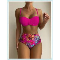 Conjunto de bikini bandeau liso, estampado tropical sexy, traje de baño mejorado para mujer, traje de baño de cintura alta con encaje en la espalda, ropa de playa - details 0