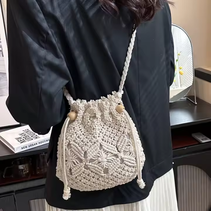 Bolso tipo cubo tipo bandolera tejido de paja para mujer, marca de diseñador de lujo, informal, a la moda, para viajes, playa, 2023 - 1