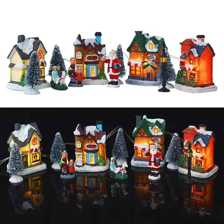 Juego de pueblo de Navidad de resina, Escena de pueblo, casas en miniatura iluminadas con LED, regalo de casas de pueblo de Navidad - 1