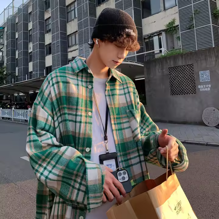 Camisa de Cuadros de Lana de Alta Gama Diseño Casual para Hombres en Otoño Estilo Hong Kong - 1