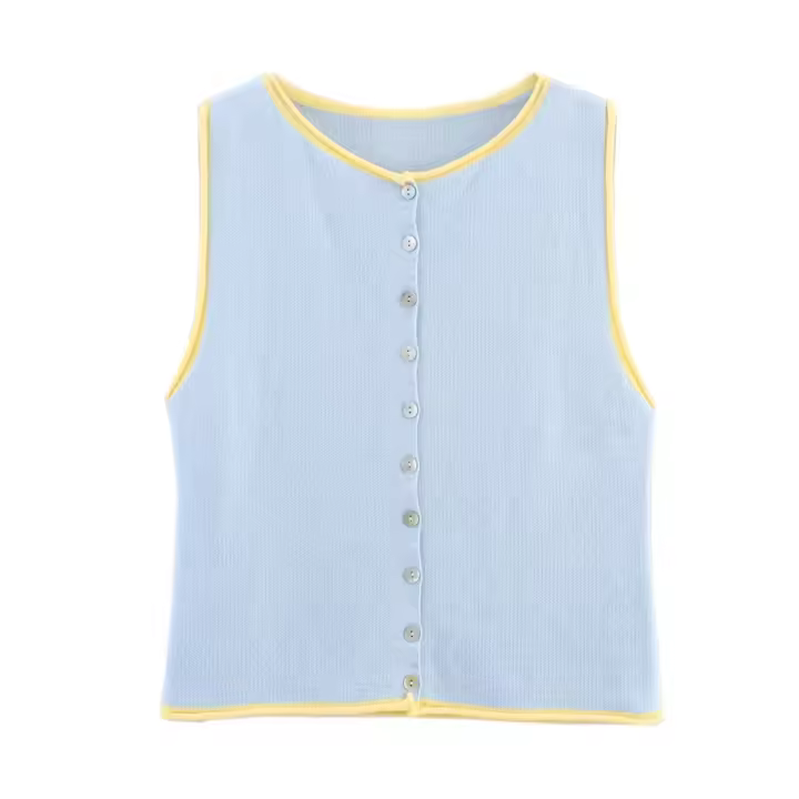 PB&ZA2025 dulce top de punto sin mangas con cuello redondo y botones decorativos en contraste de color, nueva ropa de verano para mujer - 1