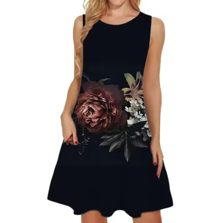 Vestido Mini Bohemio con Estampado Floral Top sin Mangas con Bolsillo, Cuello Redondo, Moda de Oficina y Fiesta - 1
