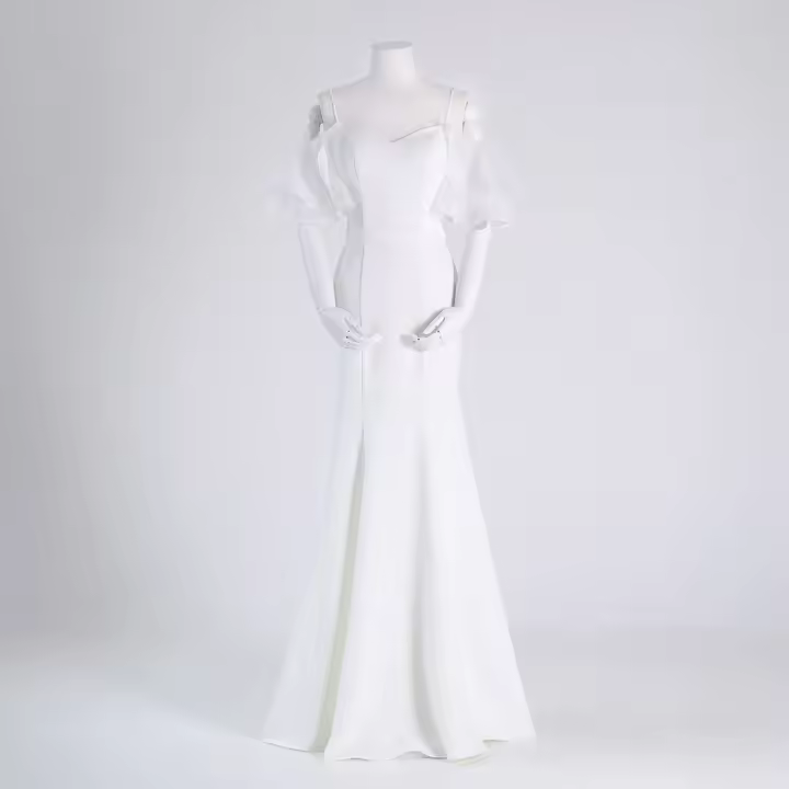 Vestido ligero con tirantes y mangas de hoja de loto blanco, minimalista, estilo francés, cola de pez de satén elástico de alta gama para boda nupcial - 1