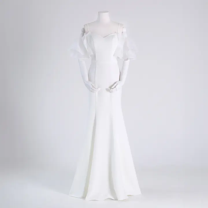 Vestido ligero con tirantes y mangas de hoja de loto blanco, minimalista, estilo francés, cola de pez de satén elástico de alta gama para boda nupcial - 1