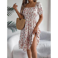 Primavera Verano 2025 Europeo y Americano Floral Cuello Cuadrado Manga Corta Cintura con Volantes Falda Línea A - details 5