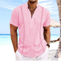 Camisa de manga corta para hombre, top de algodón y lino, color sólido, verano, europeo y americano - details 4