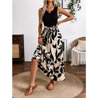 Vestido acampanado hasta la rodilla para mujer, estilo playero informal exótico con estampado floral, cuello redondo y cintura alta. - details 4