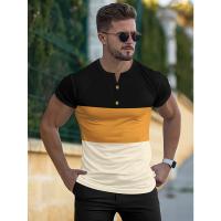 Camiseta deportiva informal de manga corta de verano para hombre, con costuras tricolores y cuello en V con muescas, estilo Henry - details 16