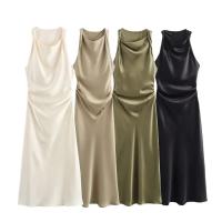 TRAF 2024 vestido Midi de satén fruncido para mujer, vestido largo sin mangas de verano para mujer, vestidos de fiesta elegantes plisados - details 1