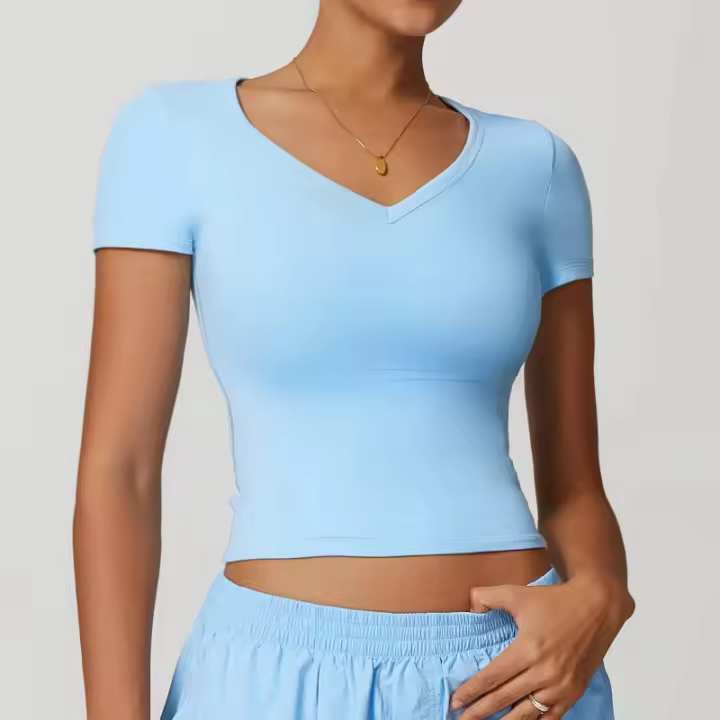 Top corto de manga corta con cuello en V para mujer, camiseta ajustada de yoga, camiseta deportiva de alta elasticidad, top de fitness - 1