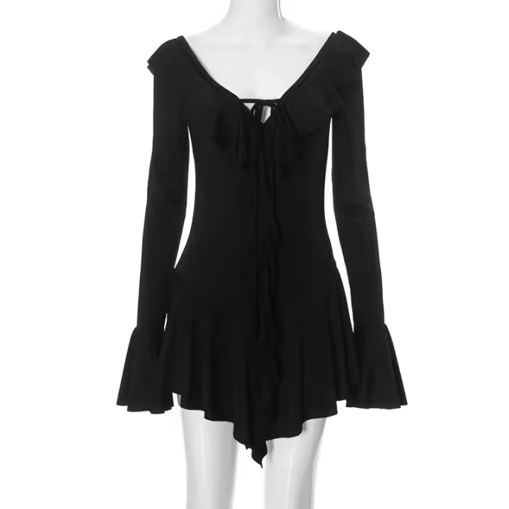 Vestido de prisionero con manga de playa y escote en V con escote profundo blanco de otoño - 1