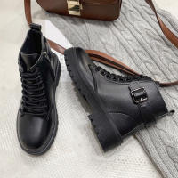 Moda casual muffin botas de mujer negras de suela gruesa con cordones y suela gruesa - details 25