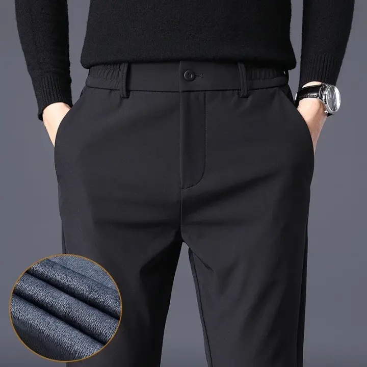 Pantalones ajustados elásticos nuevos de negocios cálidos de moda coreana gruesa de invierno para hombres, pantalones de felpa clásicos para hombres - 1