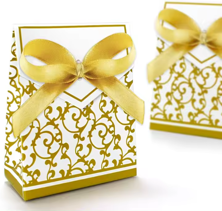 100 cajas de regalo para dulces de boda, cuadradas con patrón dorado y cuadradas con patrón plateado - 1