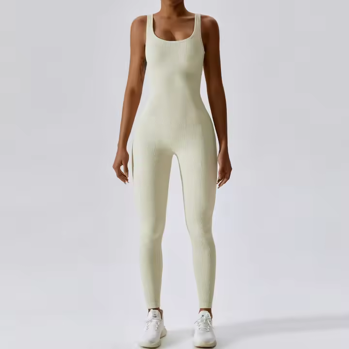 Ropa de baile de yoga de una pieza sin costuras para mujer Mono ajustado acanalado - 1