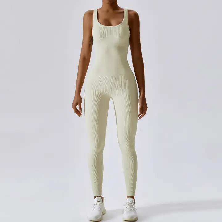 Ropa de baile de yoga de una pieza sin costuras para mujer Mono ajustado acanalado - 1