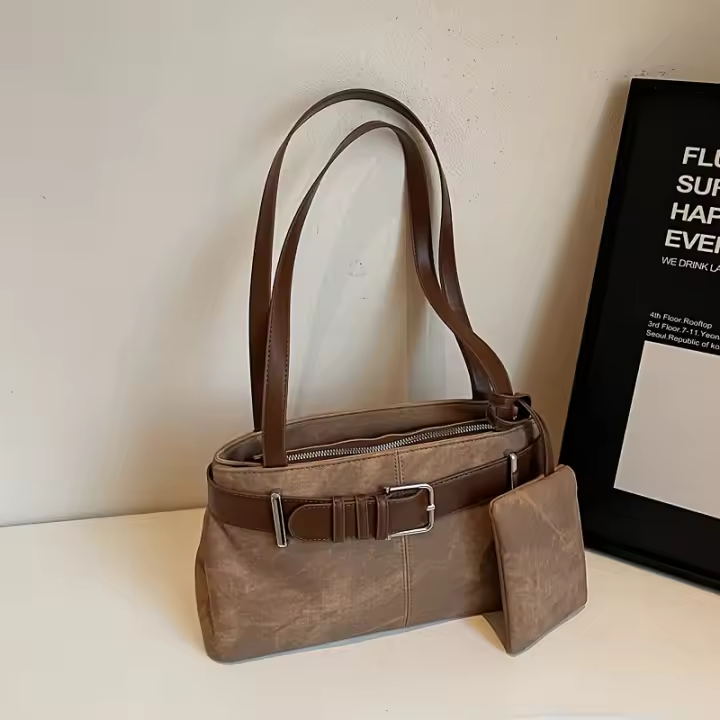 Bolso bandolera de PU ligero vintage para mujer, detalle de cinturón, uso informal diario grande, viajes de trabajo y viajes, detalle de hebilla de metal - 1