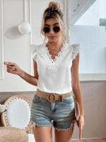 Camiseta elegante a la moda para mujer, camisa informal tejida con encaje plisado de retales de manga corta con cuello en V pequeño para mujer - details 4