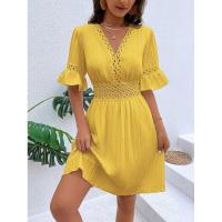 Vestido de verano para mujer, nuevo estilo, con costuras, escote en V y cintura de color liso. - details 7