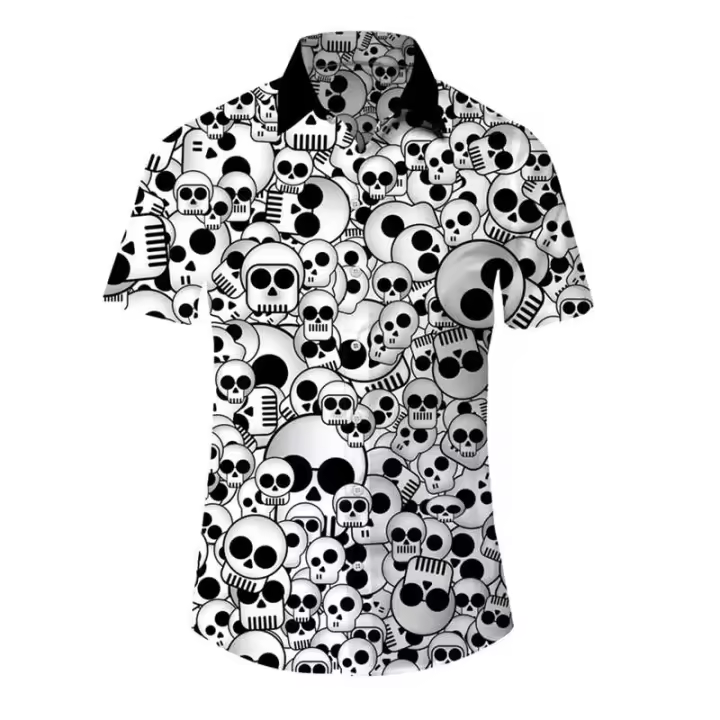 Camiseta Casual de Hip-Hop para Hombres Manga Corta, Estampado de Calavera, Talla Grande, Ropa Casual Hawaiana, Botones de Escote, Moda Callejera Vintage - 1