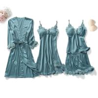 Conjunto de pijama de 5 piezas para mujer, ropa de dormir de satén Ence, suéter con cuello en V, albornoz de primavera - details 4