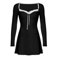 BUNO-lindo encaje Patchwork otoño vestido mujeres cuello cuadrado Tie-Up suave Mini vestidos A-Line ropa de coqueta coreana - details 6