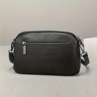 Bolso Cruzado de Cuero Genuino para Mujer Color Sólido, Mini Bolso de Hombro a la Moda con Doble Cremallera, Correa Desmontable, Forro de Poliéster - details 14