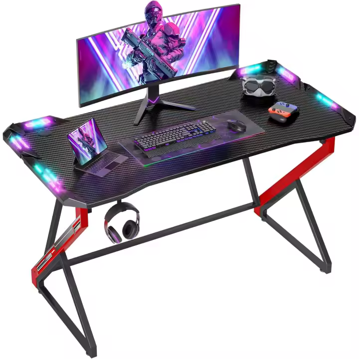 Escritorio Gaming con LED - 100x60cm Mesa de Ordenador Esport Ergonómico, Marco Z Fibra de Carbono Estable Fácil de Montar, Gancho Auriculares para Juegos Estudiar Trabajar - 1