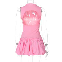 Vestido Mini Dulzura Ribbed Sin Mangas Patchwork Bollo Sólido Espalda Descubierta Cálido Club Streetwear Para Mujer - details 3