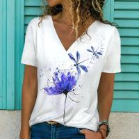 Camiseta de Manga Corta con Cuello en V Moda Blanca para Mujeres Estampado 3D de Lavanda - details 30