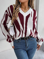 Jersey con cuello en V para mujer, suéter de manga larga con patrón geométrico de contraste, hilo de rosca, Tops informales de punto, otoño e invierno, 2023 - details 17