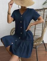 Vestido largo de algodón y lino para mujer, vestido de verano informal vintage con botones y cuello en V de manga corta suelta - details 12