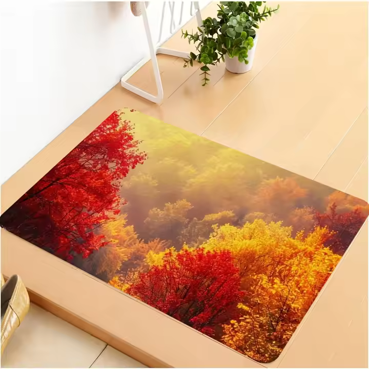 1 alfombrilla de franela con paisaje otoñal, suave, antideslizante, lavable, 0,39 pulgadas de grosor, diseño vibrante de bosque otoñal, perfecta para decoración del hogar, franela - 1