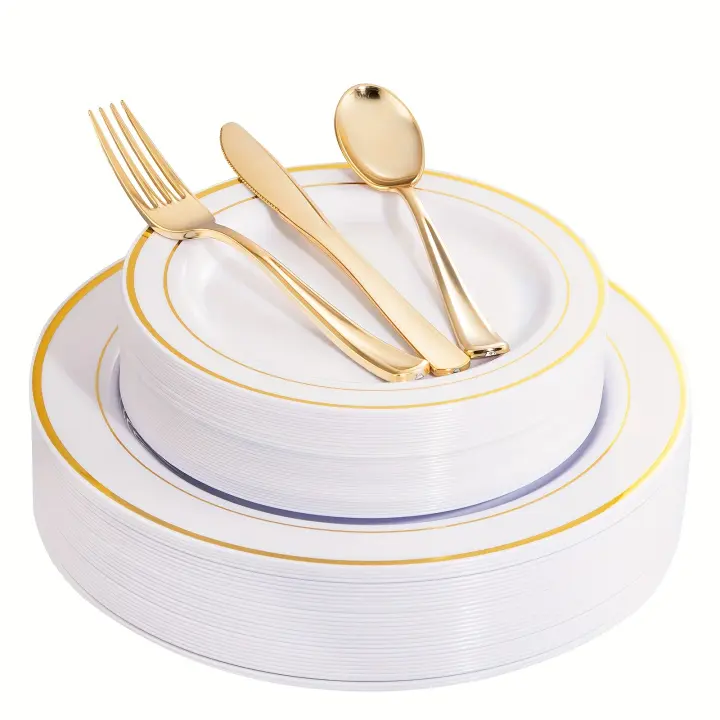 Elegante Juego de Vajilla Desechable de 50 Piezas con Borde Dorado, Platos y Cubiertos para Bodas, Fiestas y Más - 1