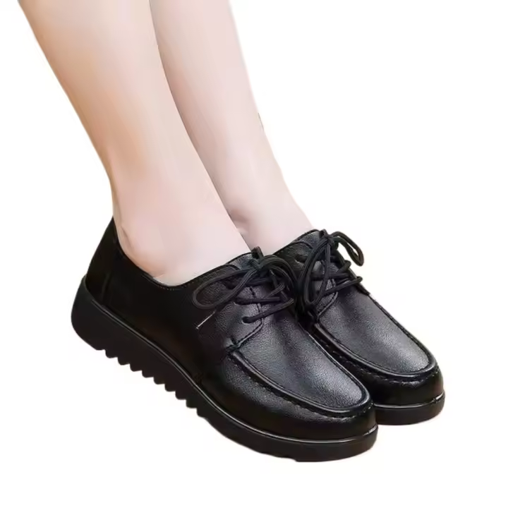 Zapatos de trabajo antideslizantes para mujer, calzado de cuero negro, cómodos, planos y suaves para comedor y cocina. - 1