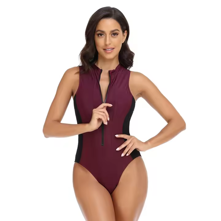 Bañador deportivo de una pieza para Mujer, traje de baño con cremallera, unicolor, ropa de playa, 2023 - 1