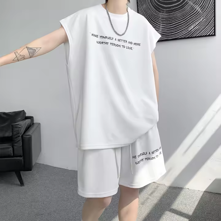 Conjunto de Moda de Verano para Hombres Camiseta sin Mangas, Pantalones de Cintura Media, Secado Rápido Talla Grande, Ropa Deportiva Casual - 1