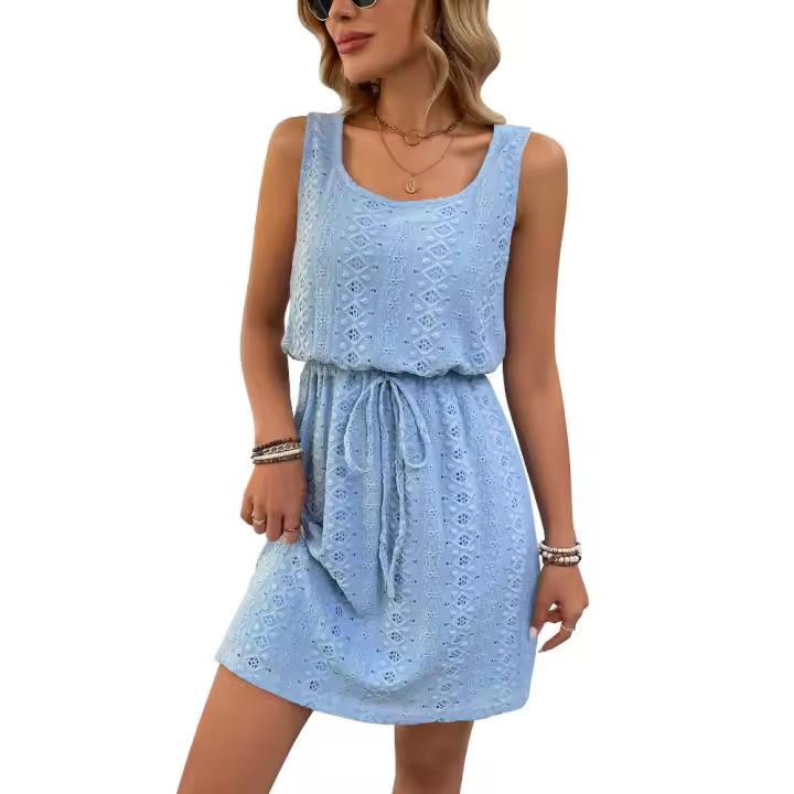 Vestido sin mangas con textura hueca con cordón para mujer, primavera y verano, cuello cuadrado, 2025 - 1